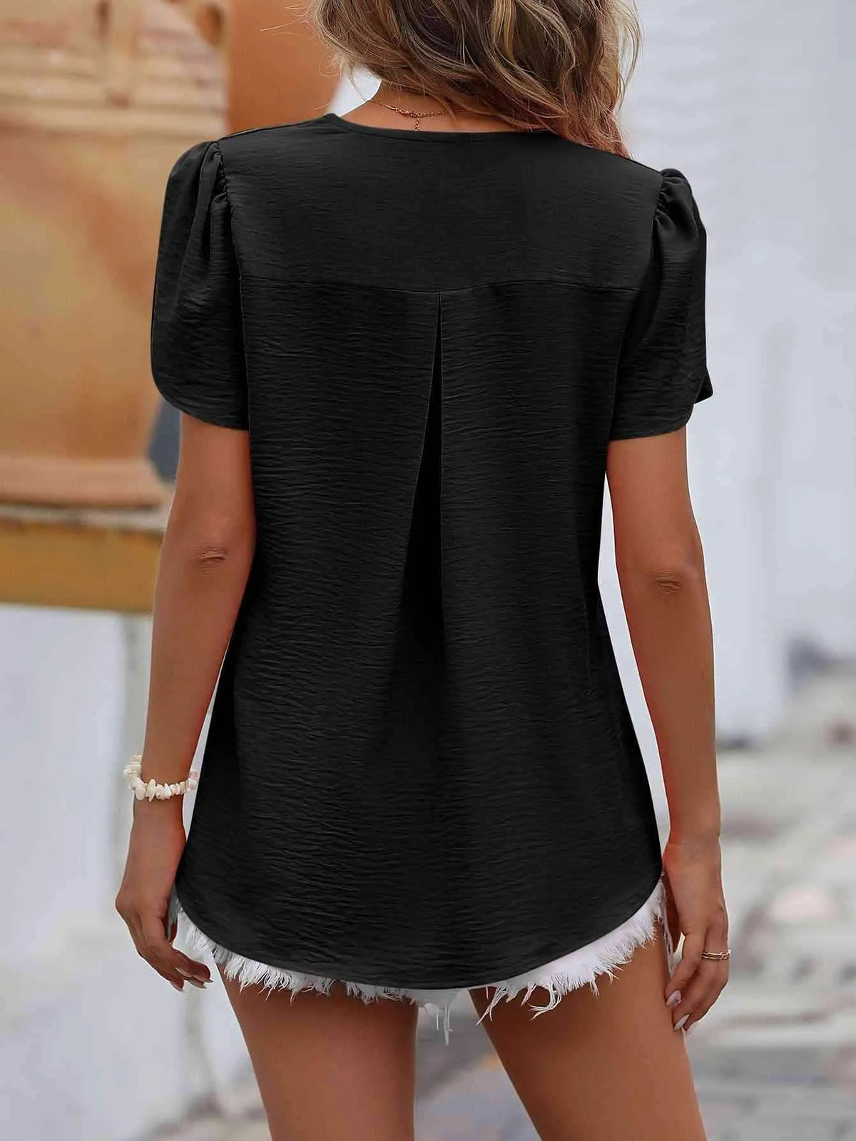 Ruche V-Neck Petal Sleeve Top Blouses - Tophatter Daily Deals