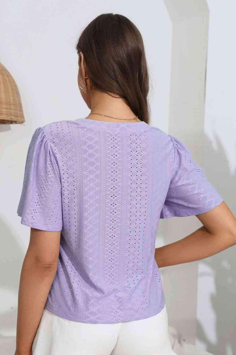 Eyelet V-Neck Flutter Sleeve Top Blouses - Tophatter Daily Deals