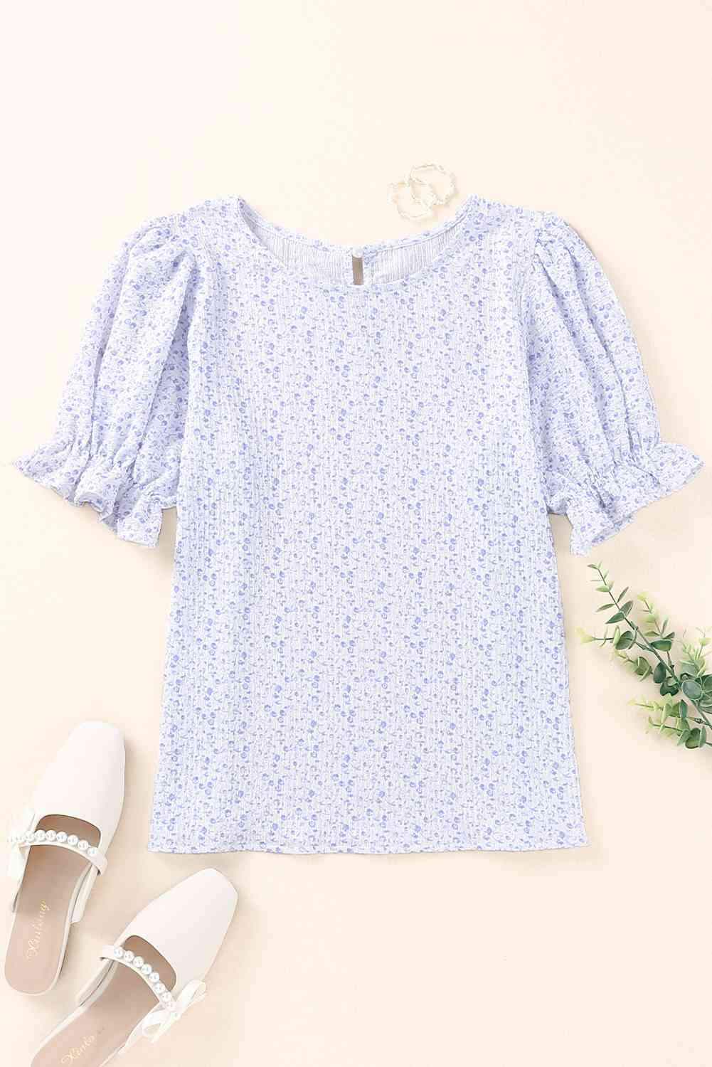 Printed Round Neck Half Flounce Sleeve Top Lavender Blouses - Tophatter Daily Deals