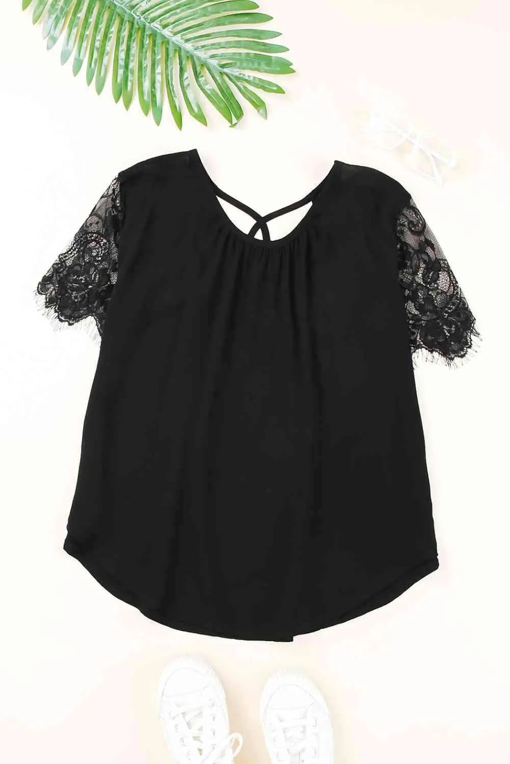 Strappy Neck Spliced Lace Eyelash Trim Blouse Blouses - Tophatter Daily Deals
