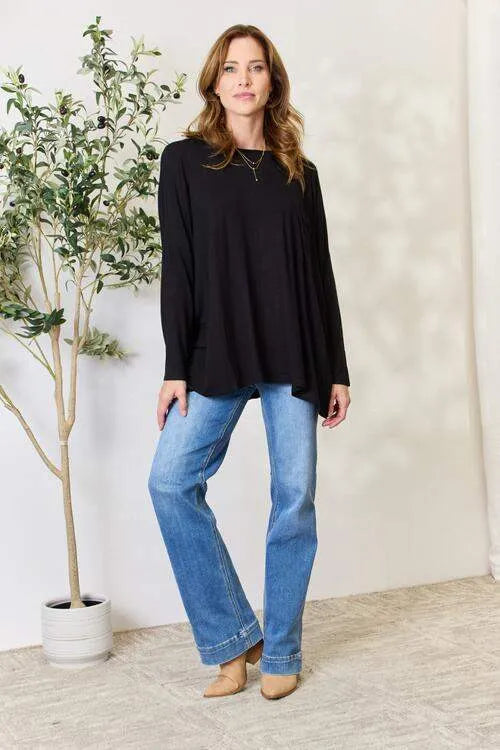 Zenana Full Size Round Neck Long Sleeve Top with Pocket Blouses - Tophatter Daily Deals