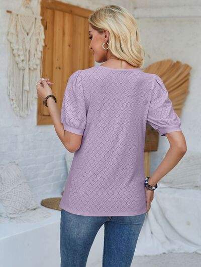 Eyelet Asymmetrical Neck Short Sleeve T-Shirt Women's T-Shirts - Tophatter Daily Deals