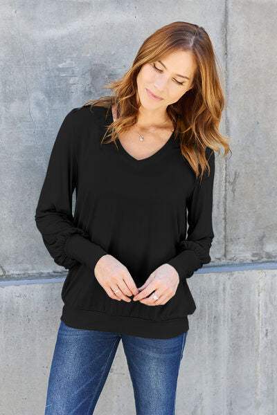 Basic Bae Full Size V-Neck Lantern Sleeve Blouse Black Blouses - Tophatter Daily Deals