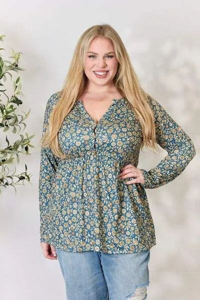 Heimish Full Size Floral Half Button Long Sleeve Blouse Blouses - Tophatter Daily Deals