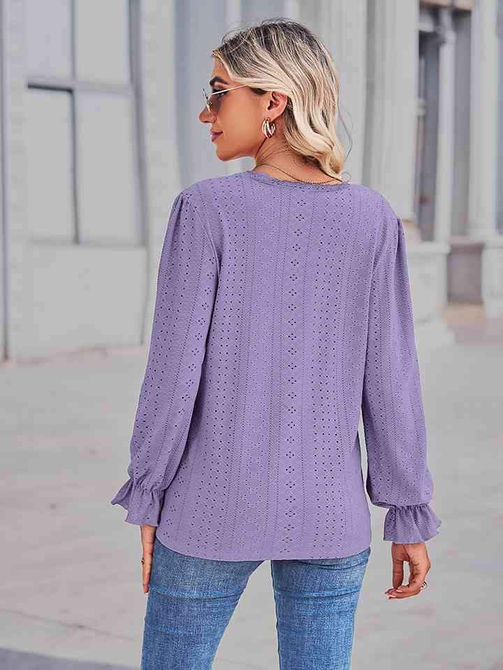 Eyelet V-Neck Flounce Sleeve Blouse Blouses - Tophatter Daily Deals