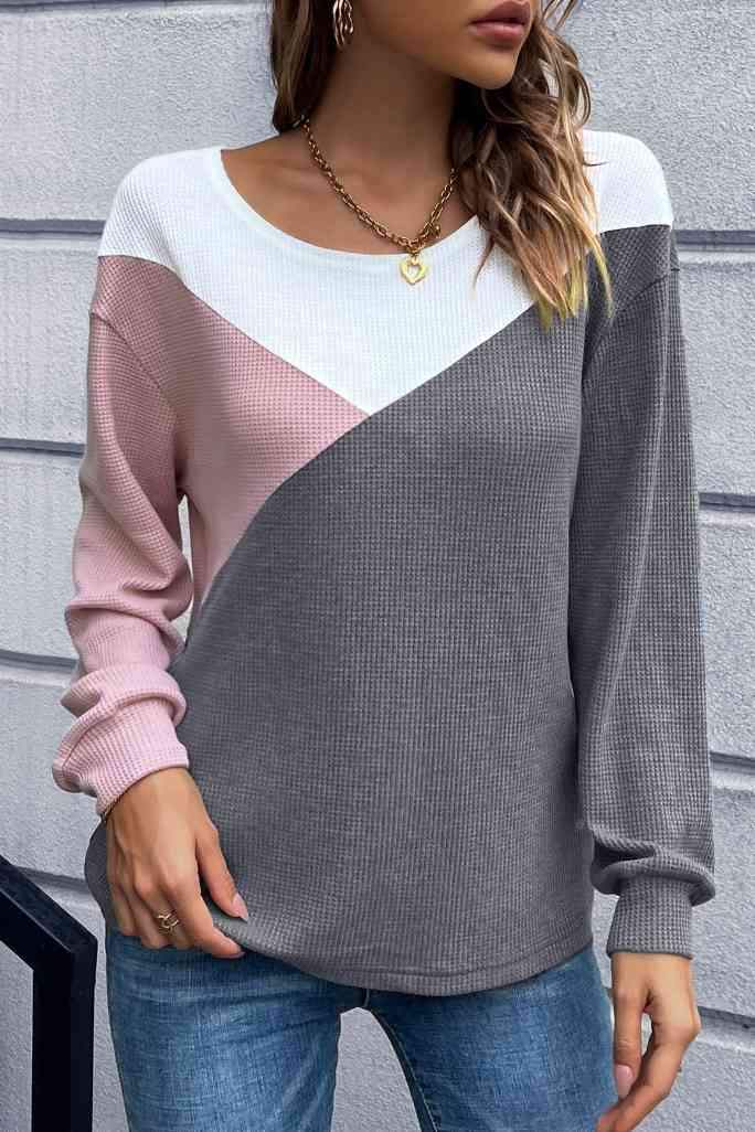 Color Block Round Neck Top Charcoal Blouses - Tophatter Daily Deals