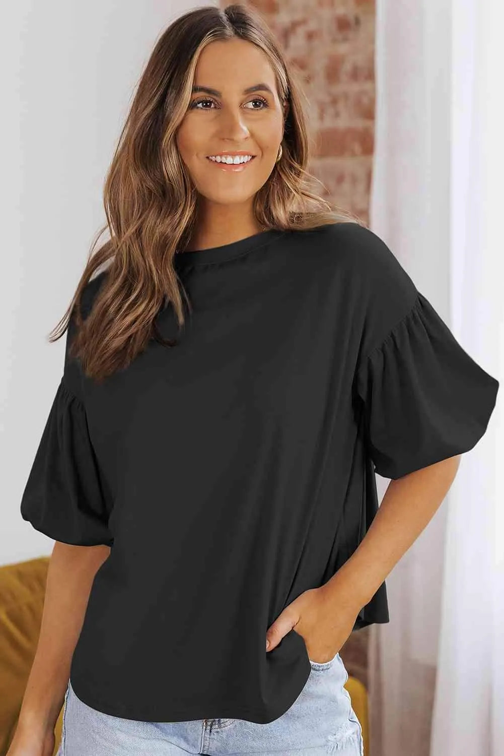 Puff Sleeve Curved Hem Blouse Black Blouses - Tophatter Daily Deals