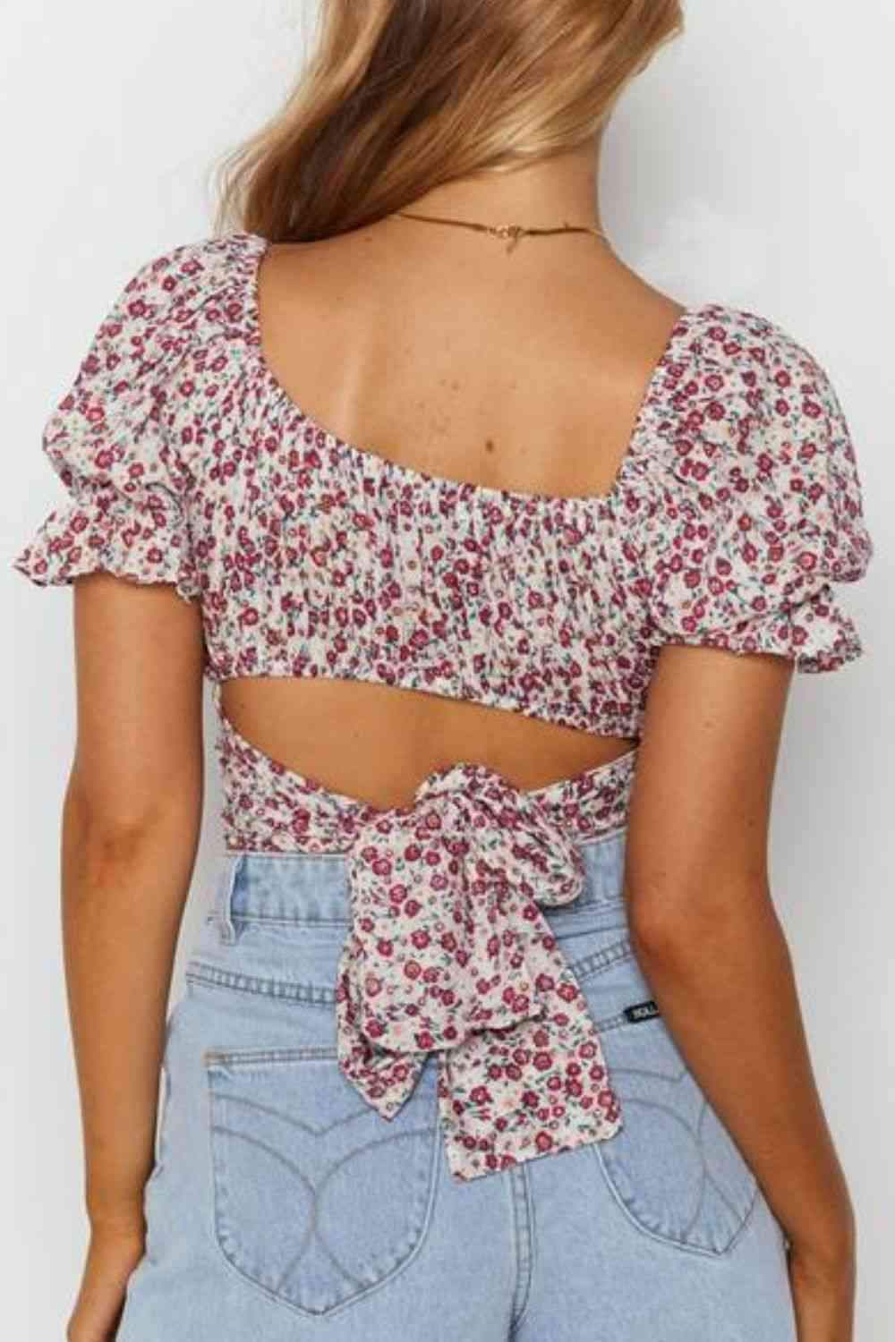 Flower Print Ruffle Trim Off-Shoulder Back Tie Blouse Blouses - Tophatter Daily Deals