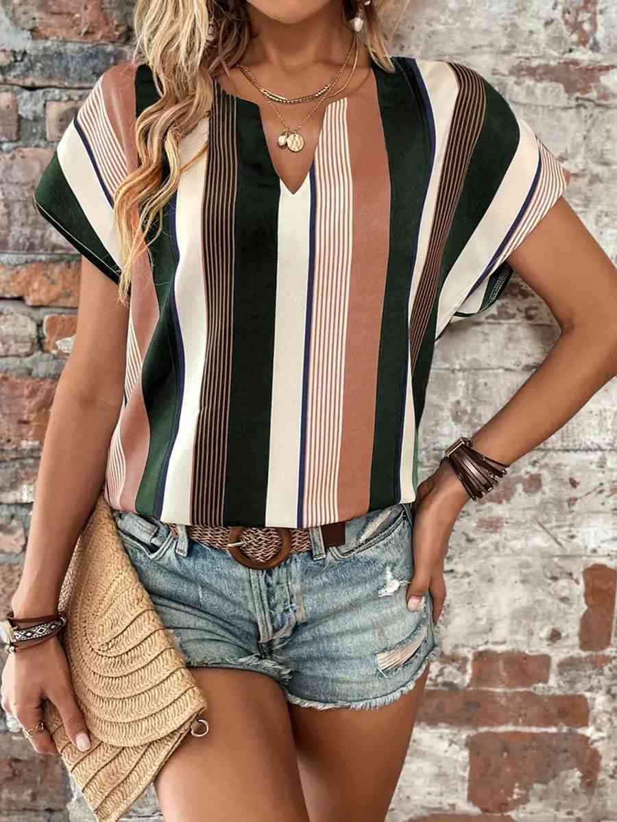 Striped Notched Neck Short Sleeve Blouse Blouses - Tophatter Daily Deals