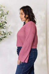 Culture Code Full Size Waffle-Knit Round Neck Long Sleeve Blouse Blouses - Tophatter Daily Deals