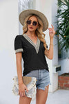 Contrast V-Neck Puff Sleeve Top Black Blouses - Tophatter Daily Deals