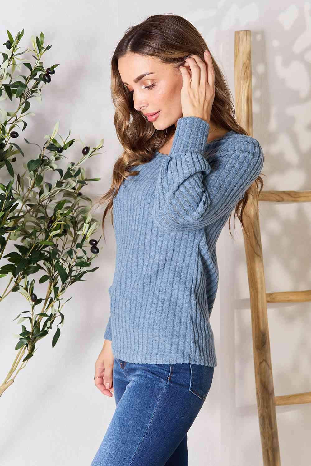 Double Take Ribbed Round Neck Lantern Sleeve Blouse Blouses - Tophatter Daily Deals