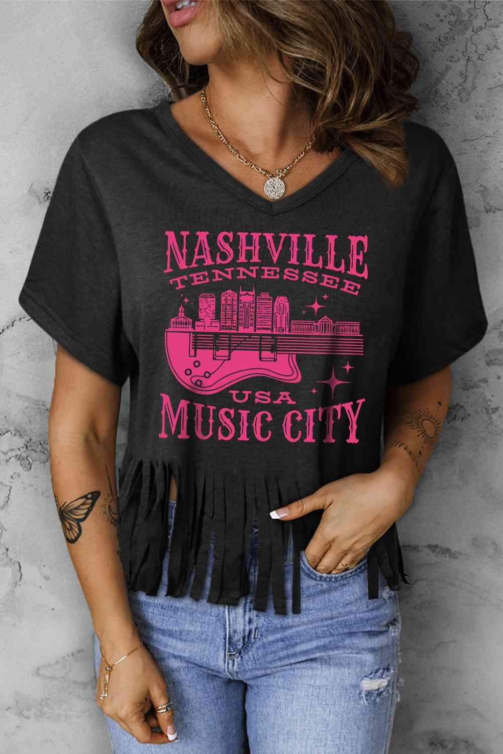 NASHVILLE TENNESSEE USA MUSIC CITY Graphic Fringe Hem Tee Black Women's T-Shirts - Tophatter Daily Deals