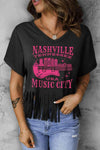 NASHVILLE TENNESSEE USA MUSIC CITY Graphic Fringe Hem Tee Black Women's T-Shirts - Tophatter Daily Deals