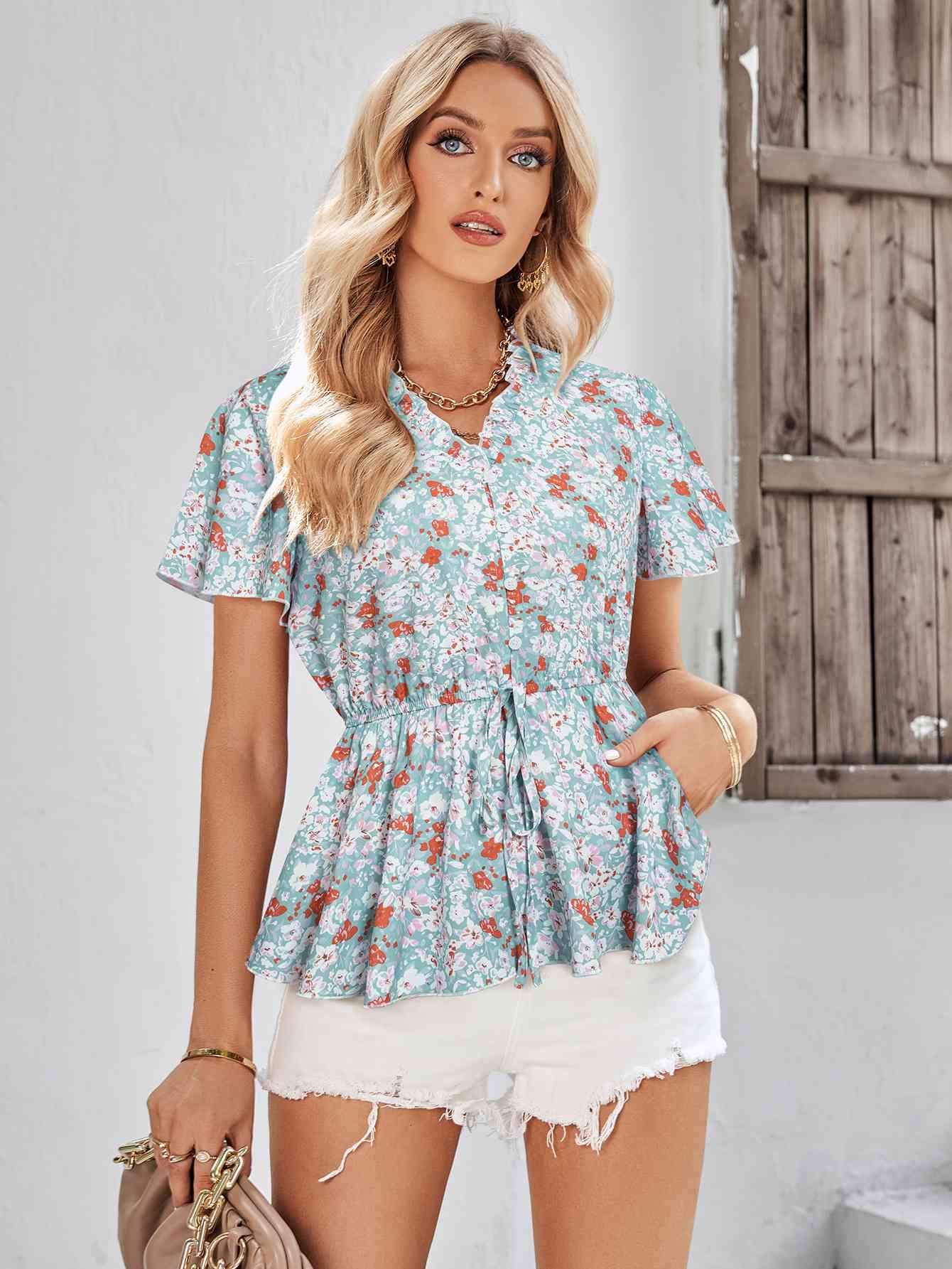 Floral Flutter Sleeve Peplum Blouse Blouses - Tophatter Daily Deals