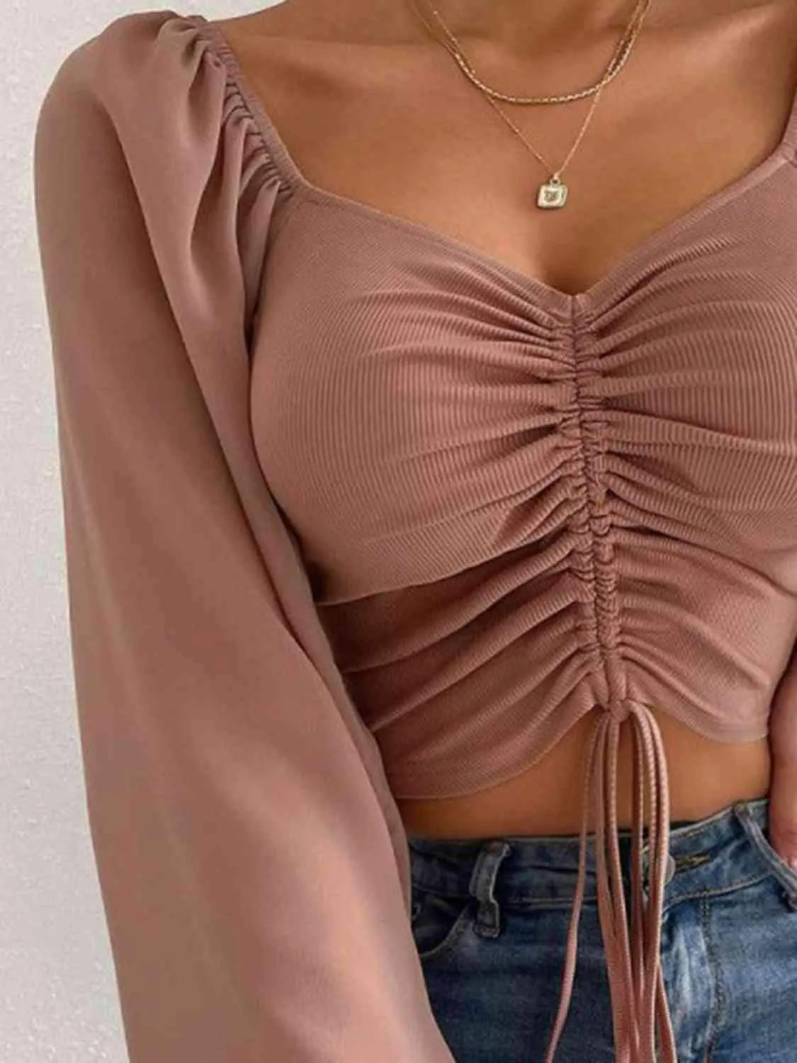 Drawstring Sweetheart Neck Cropped Top Blouses - Tophatter Daily Deals