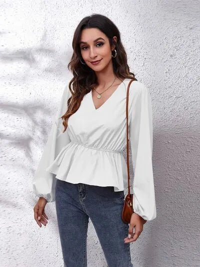 V-Neck Balloon Sleeve Peplum Blouse White Blouses - Tophatter Daily Deals