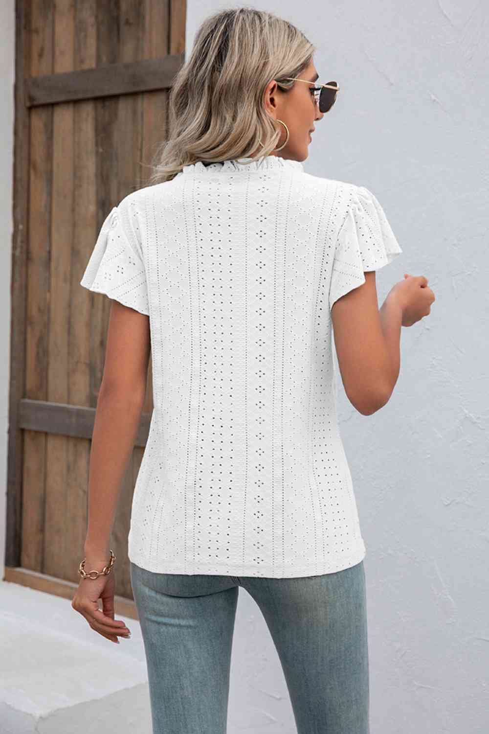 Eyelet Notched Neck Flutter Sleeve Top Women's T-Shirts - Tophatter Daily Deals