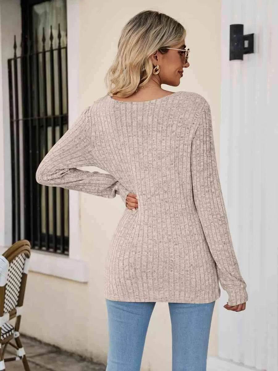 Square Neck Ribbed Long Sleeve T-Shirt Women's T-Shirts - Tophatter Daily Deals