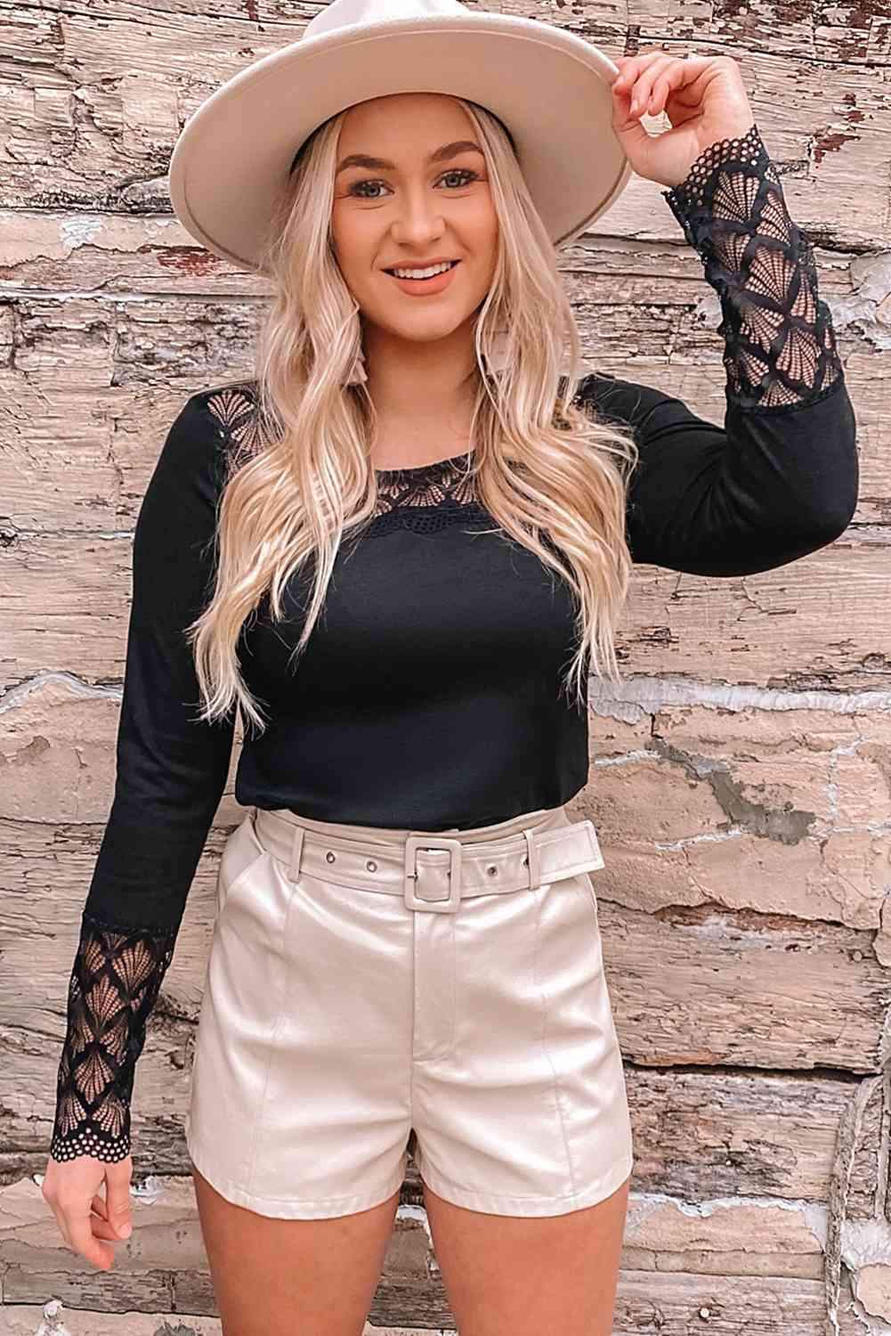 Spliced Lace Round Neck Long Sleeve Top Blouses - Tophatter Daily Deals