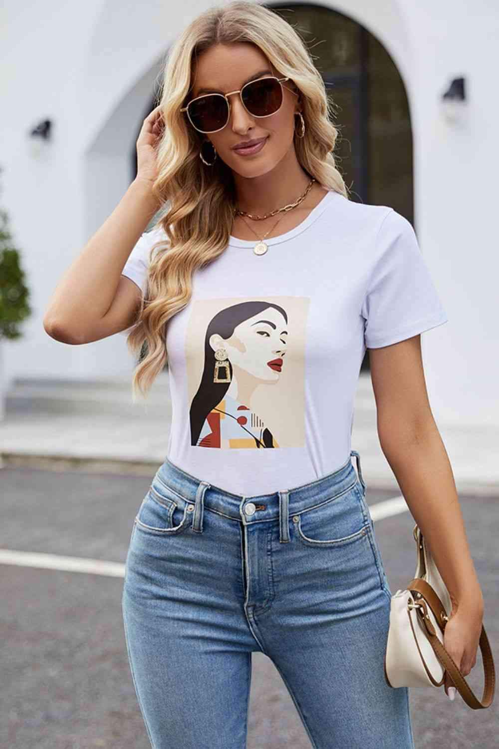 Round Neck Short Sleeve Graphic Tee Women's T-Shirts - Tophatter Daily Deals