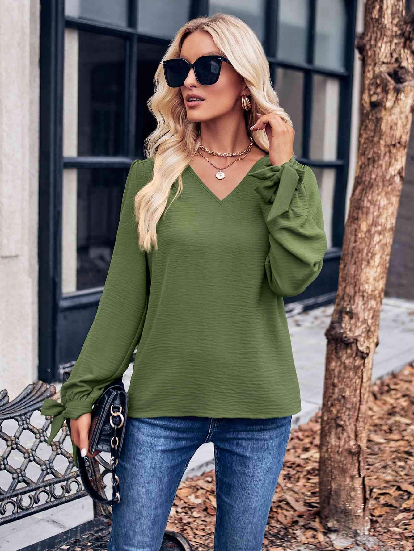 V-Neck Tie Cuff Puff Sleeve Blouse Blouses - Tophatter Daily Deals