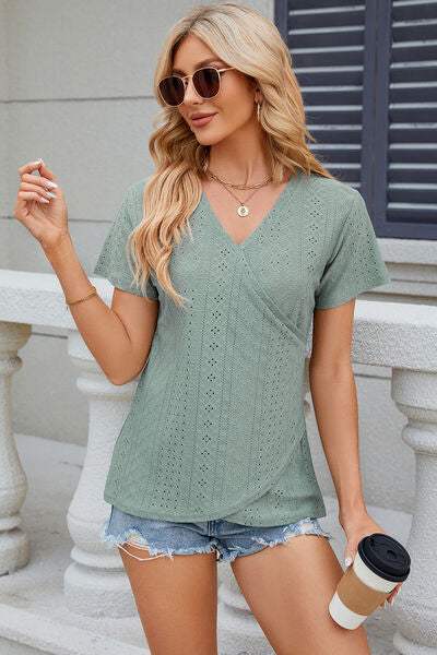 Eyelet Surplice Short Sleeve T-Shirt Women's T-Shirts - Tophatter Daily Deals