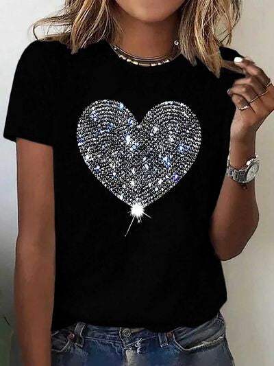 Heart Round Neck Short Sleeve T-Shirt Black Women's T-Shirts - Tophatter Daily Deals