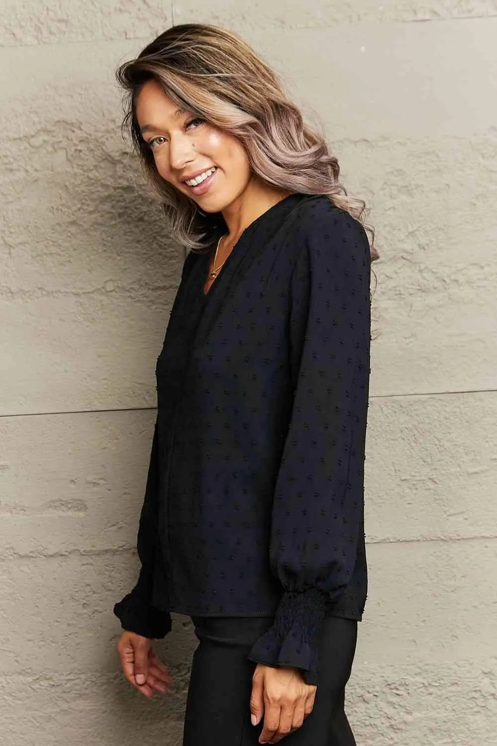 Swiss Dot V-Neck Flounce Sleeve Blouse Blouses - Tophatter Daily Deals