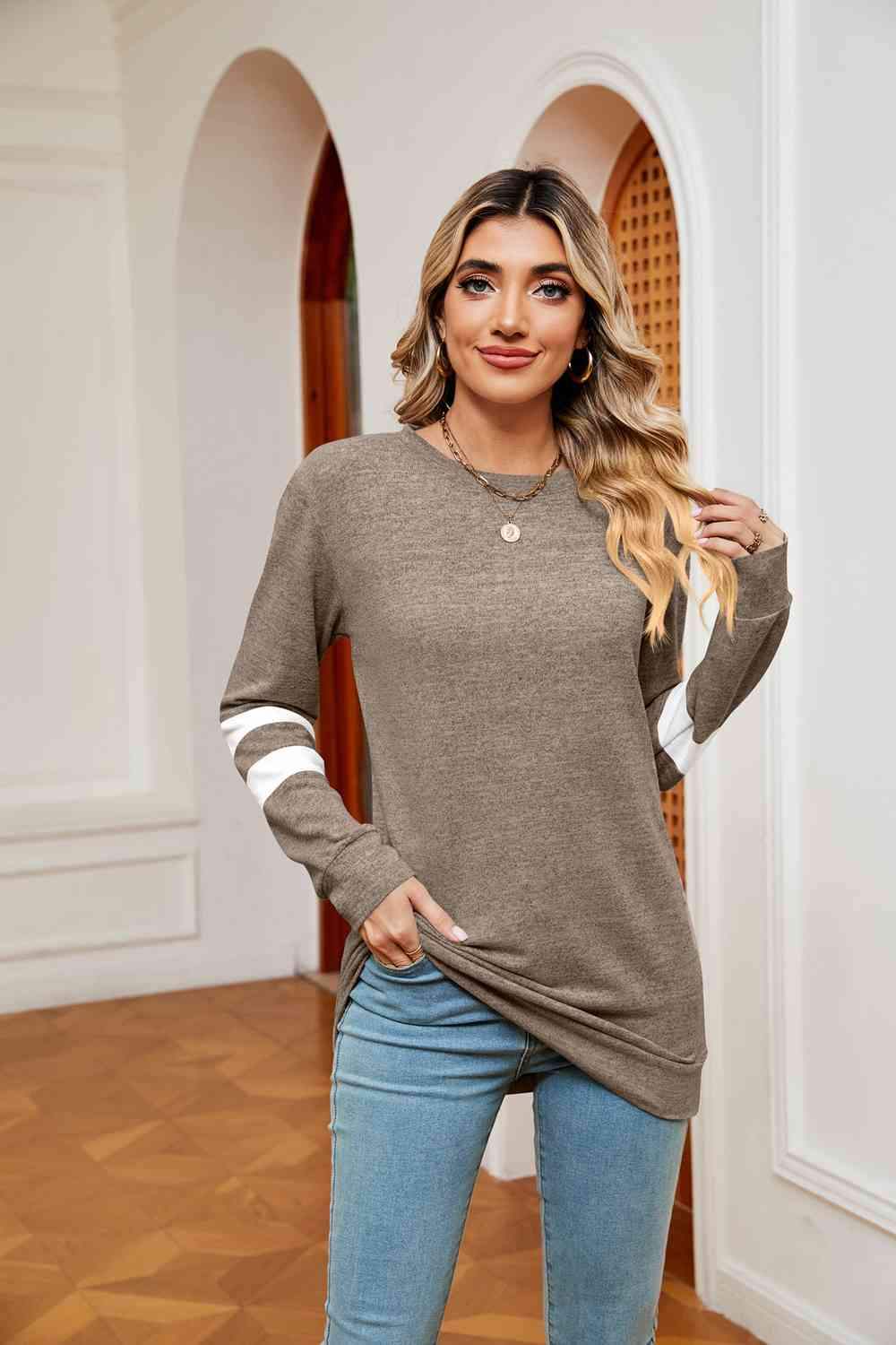 Round Neck Long Sleeve Top Mocha Women's T-Shirts - Tophatter Daily Deals