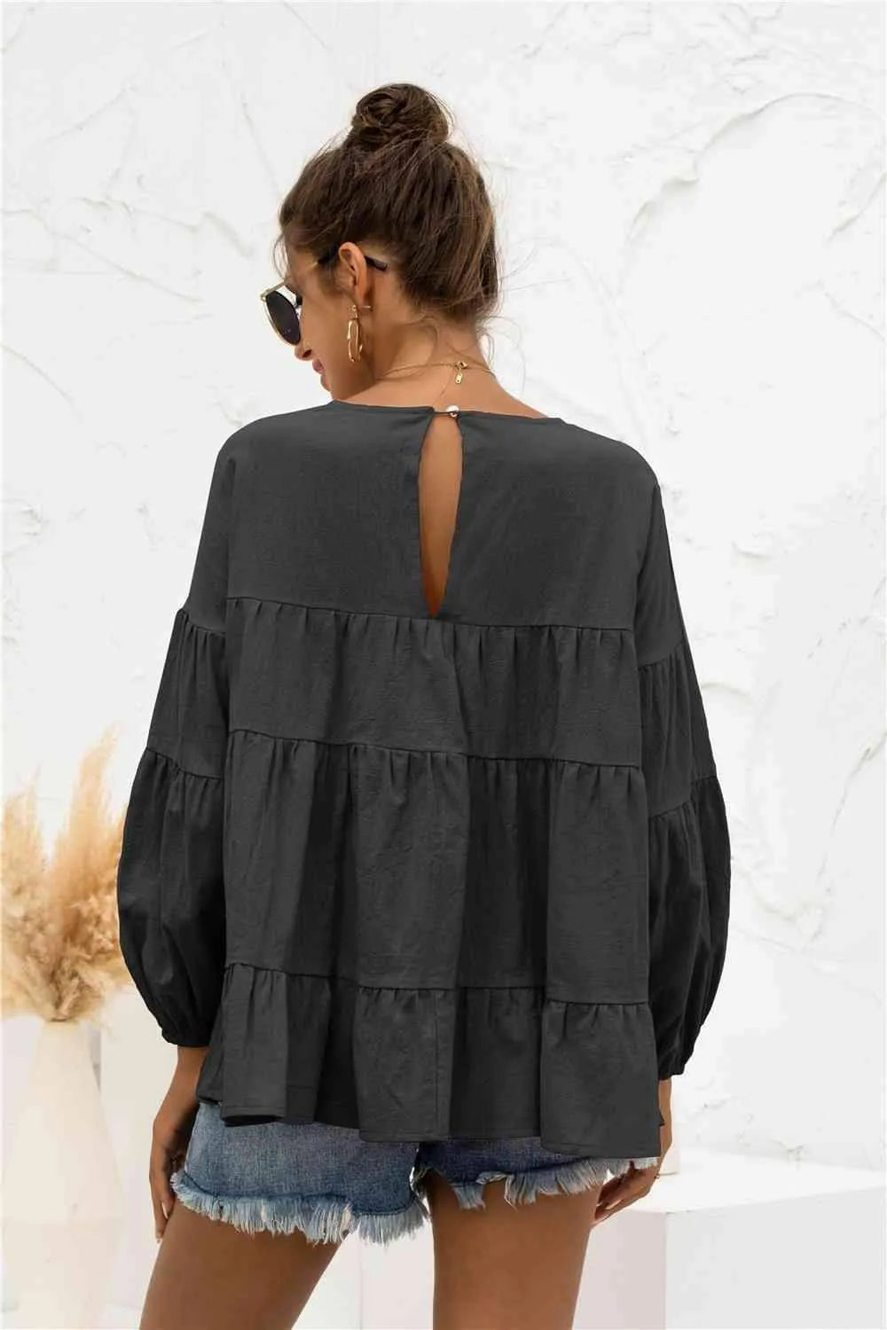 Round Neck Bubble Sleeve Tiered Blouse Blouses - Tophatter Daily Deals