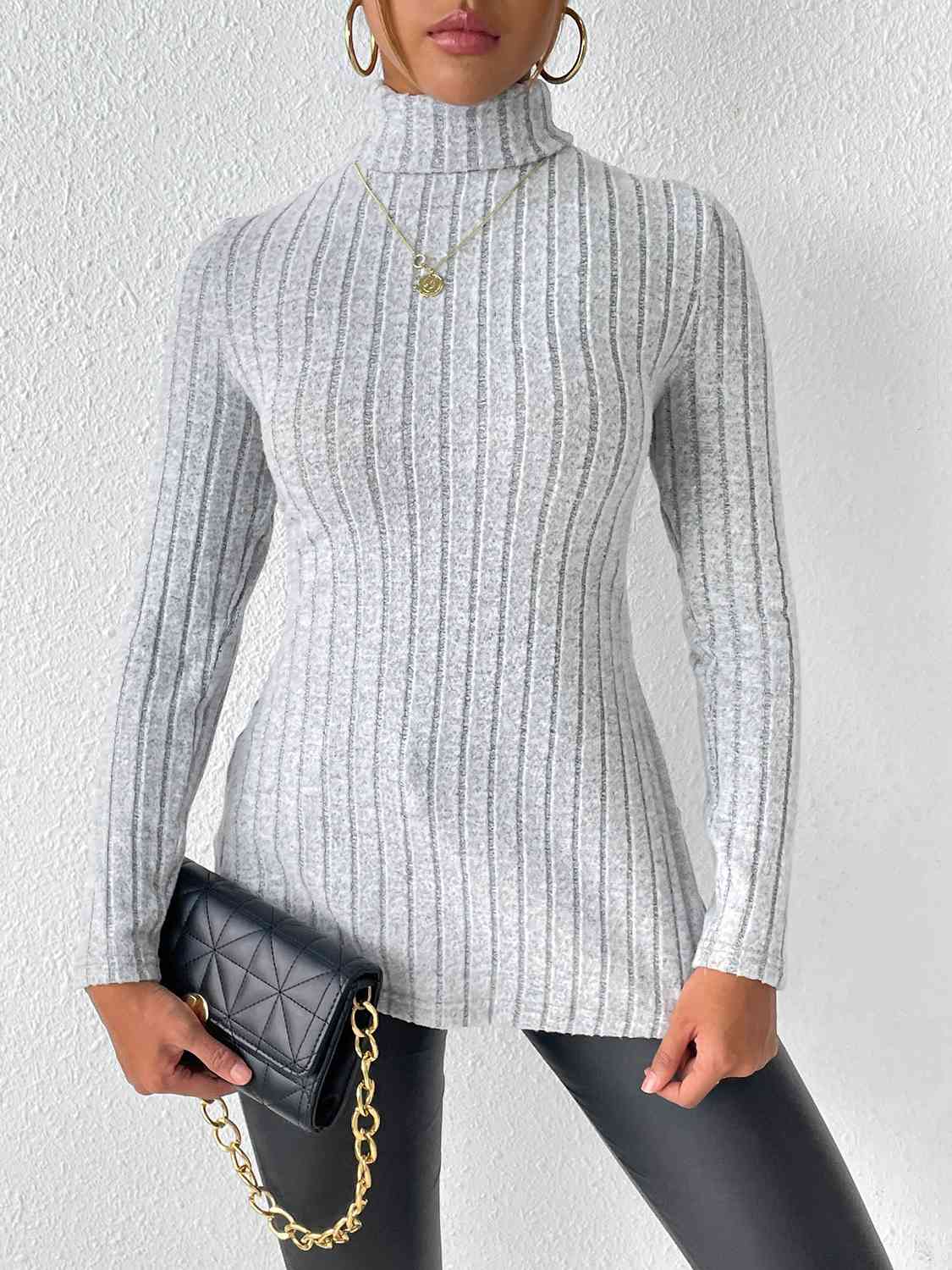 Ribbed Turtleneck Long Sleeve Slit T-Shirt Light Gray Women's T-Shirts - Tophatter Daily Deals