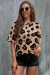 Animal Print Dropped Shoulder Round Neck T-Shirt Camel Women's T-Shirts - Tophatter Daily Deals