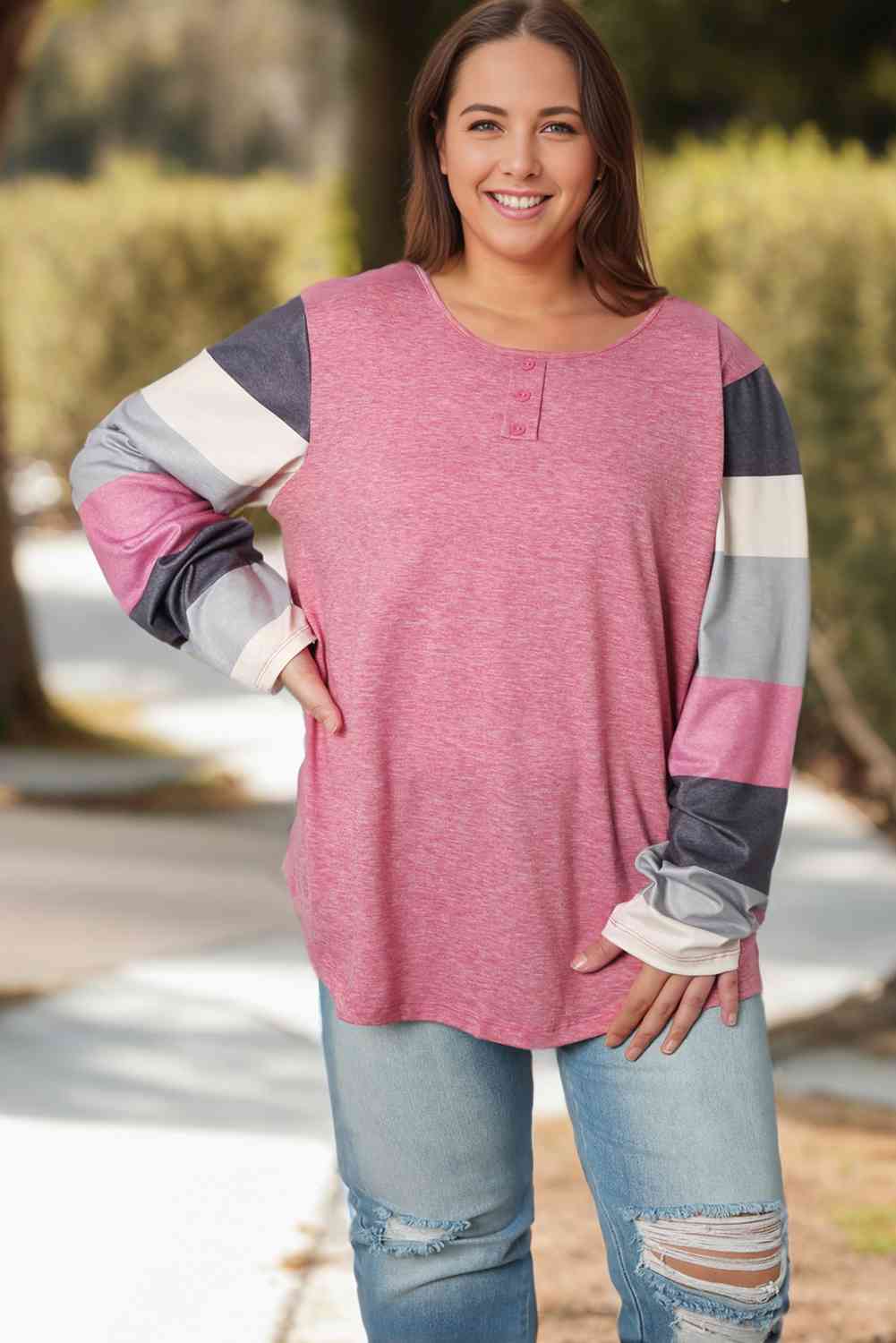 Plus Size Round Neck Color Block Long Sleeve T-Shirt Women's T-Shirts - Tophatter Daily Deals