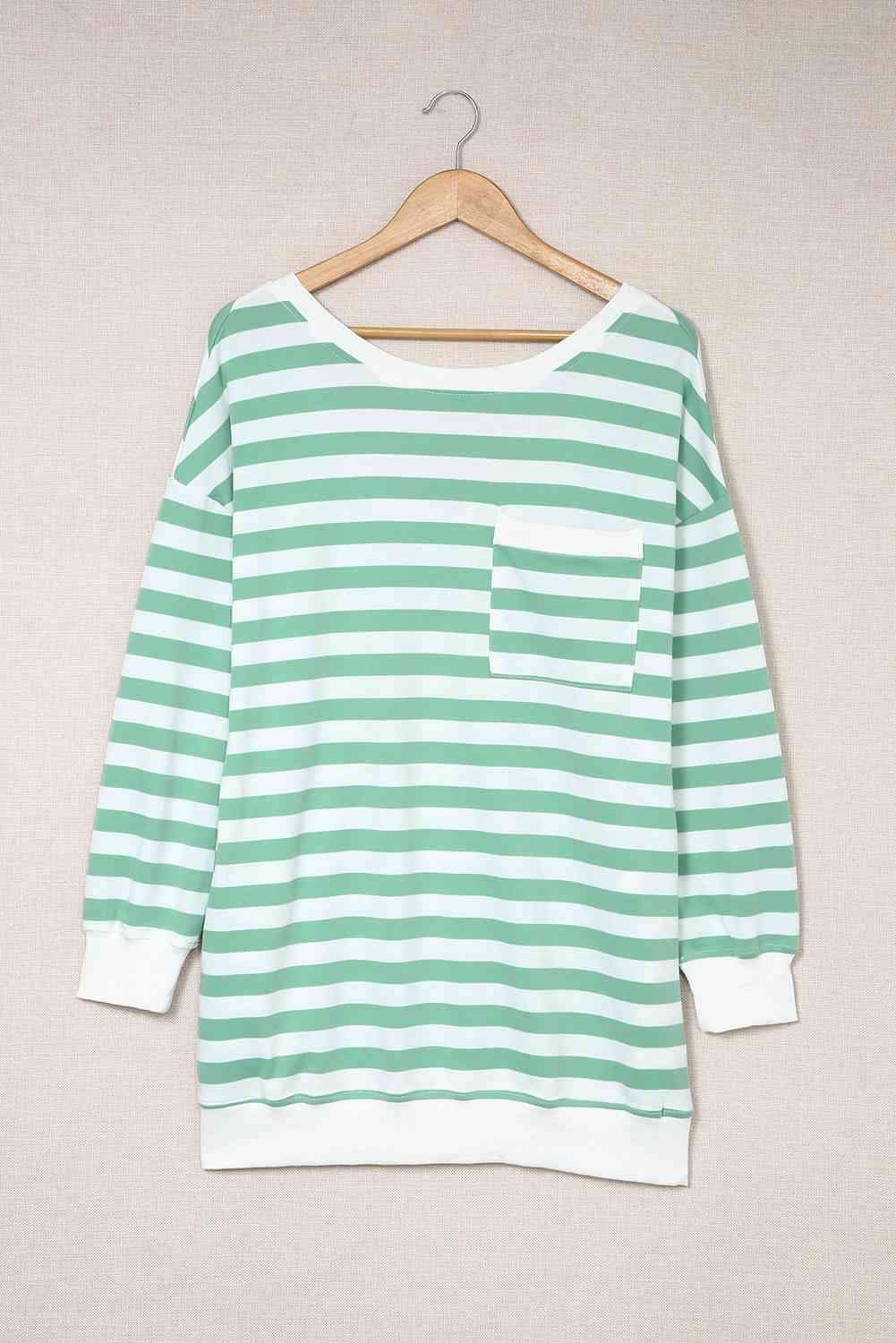 Striped Dropped Shoulder Longline Top Gum Leaf Women's T-Shirts - Tophatter Daily Deals