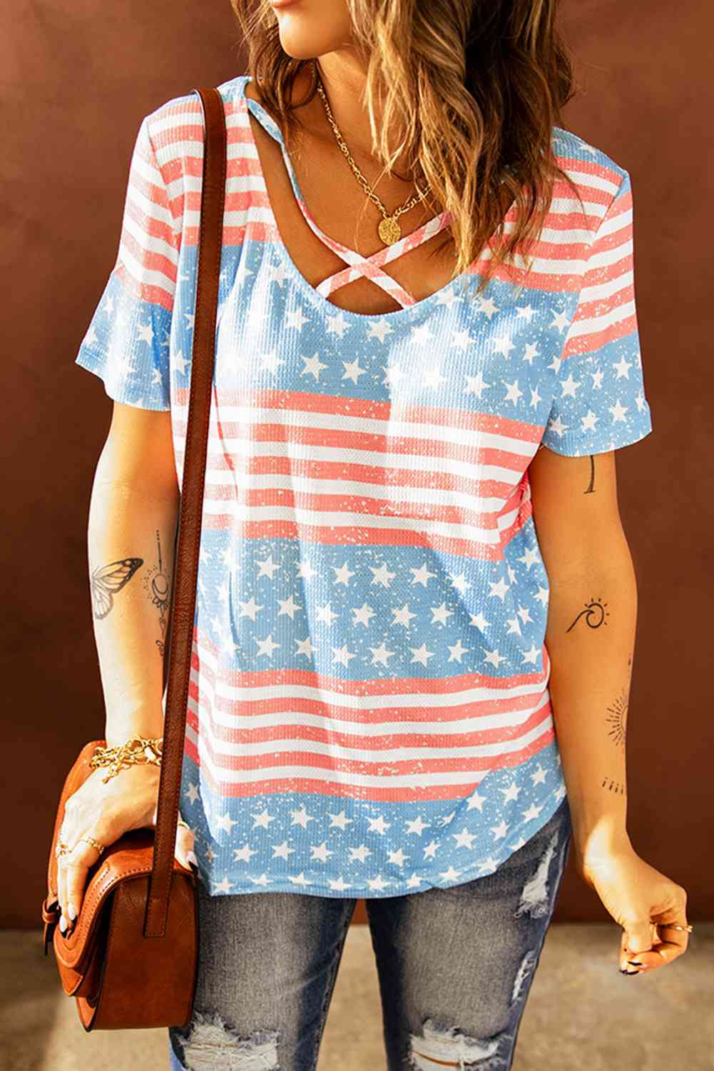 Stars and Stripes Crisscross Tee Multicolor Women's T-Shirts - Tophatter Daily Deals