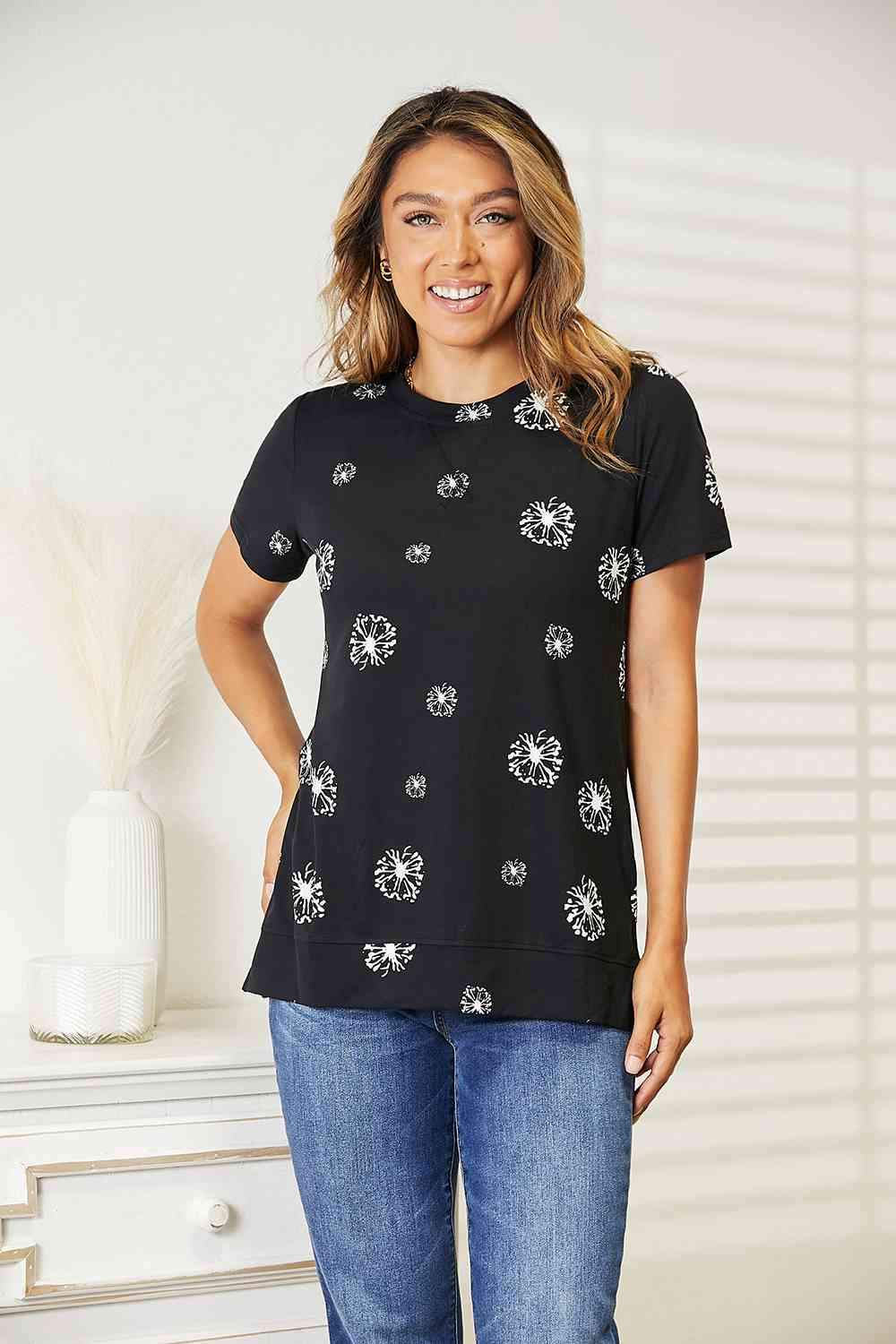 Double Take Dandelion Print Round Neck T-Shirt Women's T-Shirts - Tophatter Daily Deals