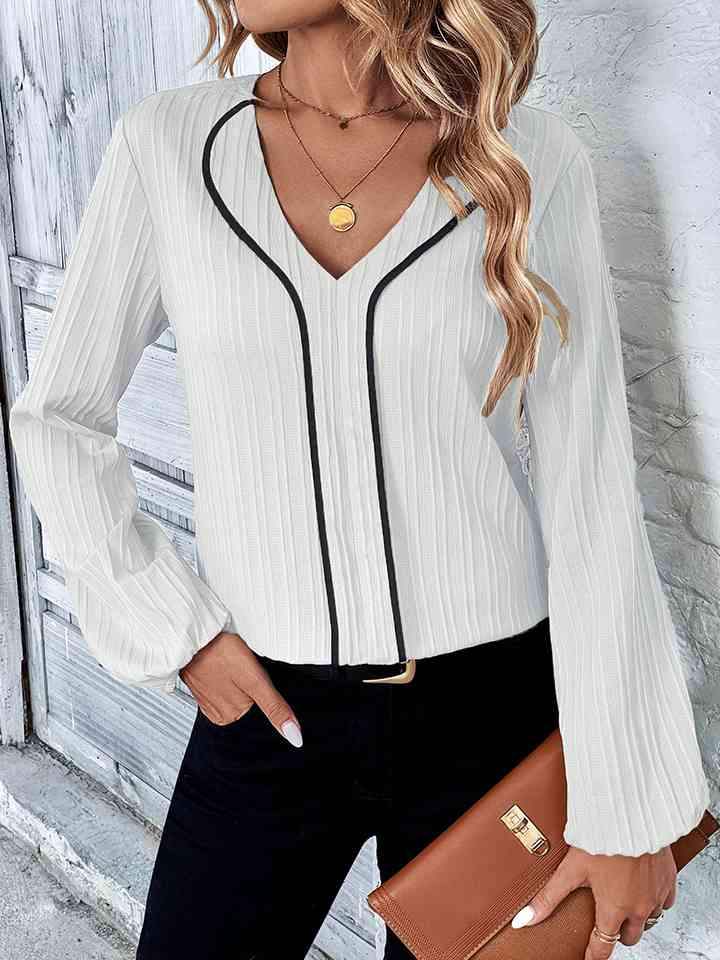 Contrast V-Neck Long Sleeve Blouse White Blouses - Tophatter Daily Deals