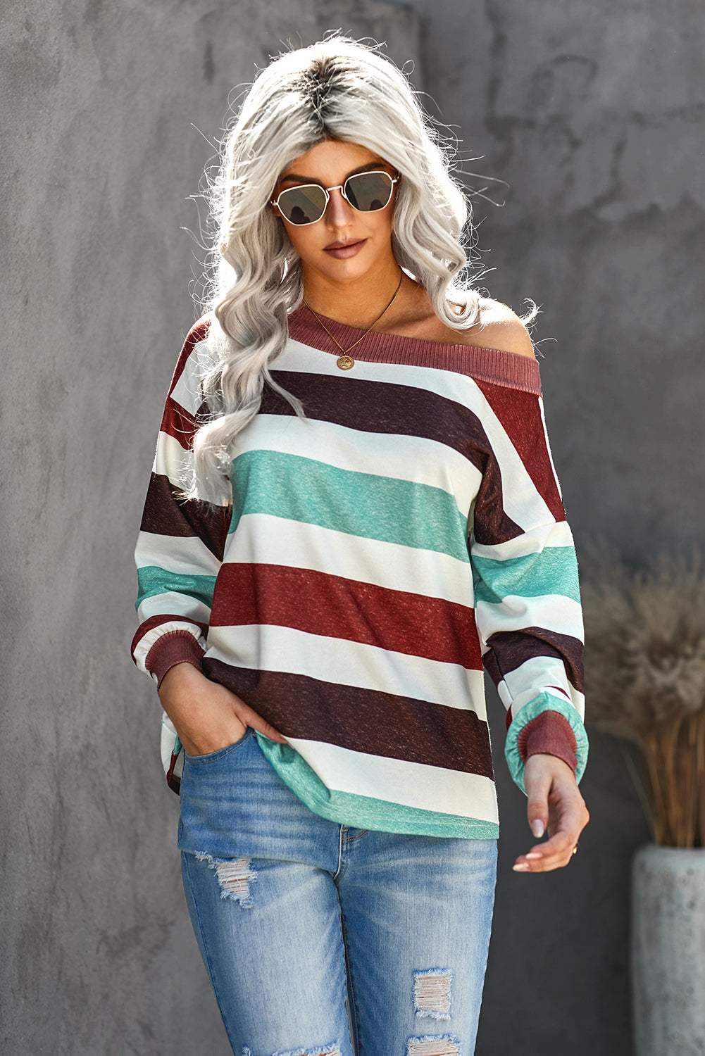 One Shoulder Striped Color Block Top Women's T-Shirts - Tophatter Daily Deals