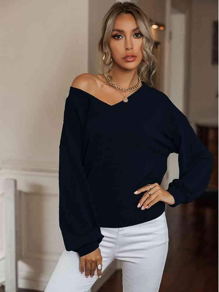 V-Neck Drop Shoulder Top Blouses - Tophatter Daily Deals