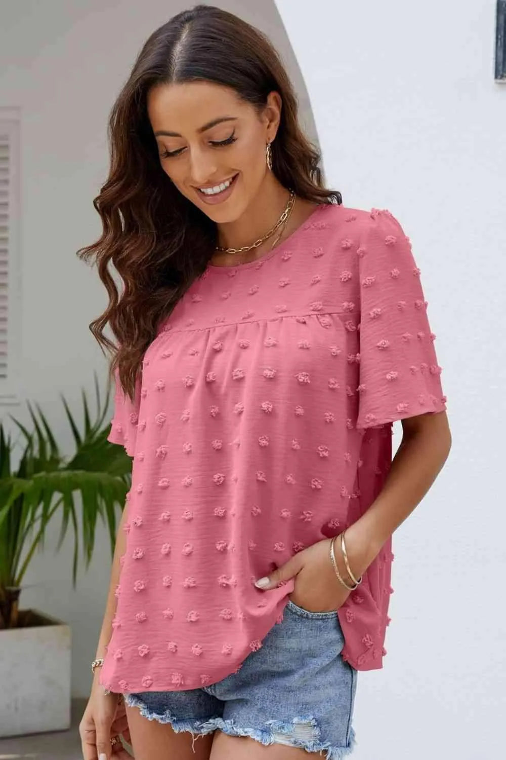 Swiss Dot Puff Sleeve Round Neck Blouse Blouses - Tophatter Daily Deals