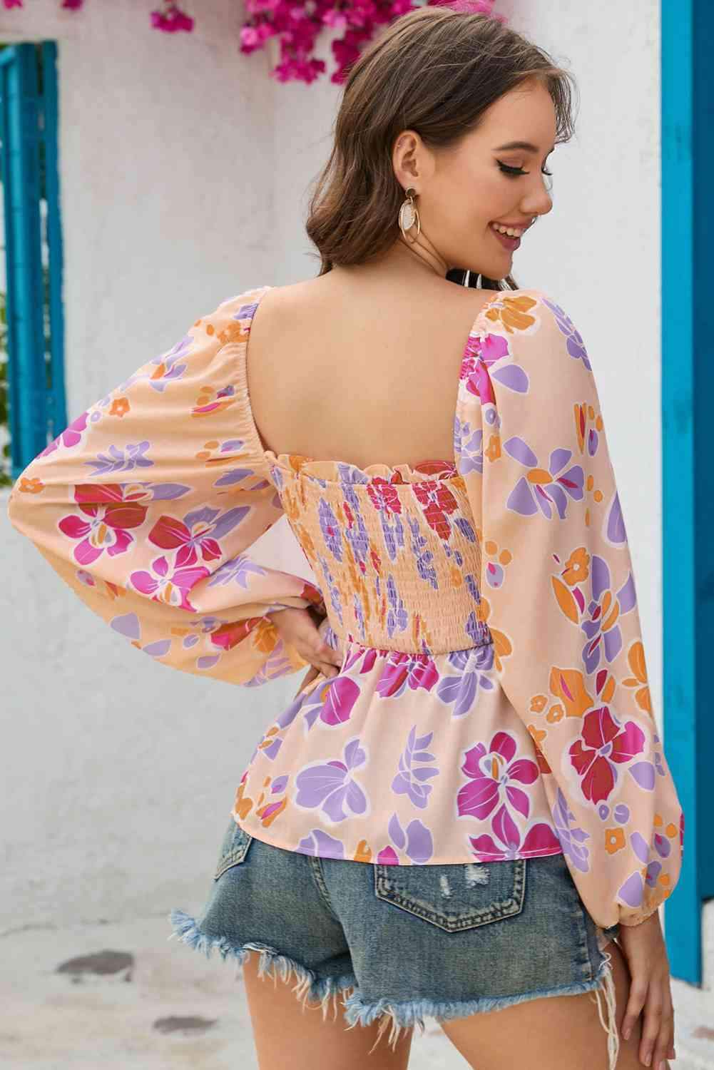 Floral Square Neck Smocked Blouse Blouses - Tophatter Daily Deals