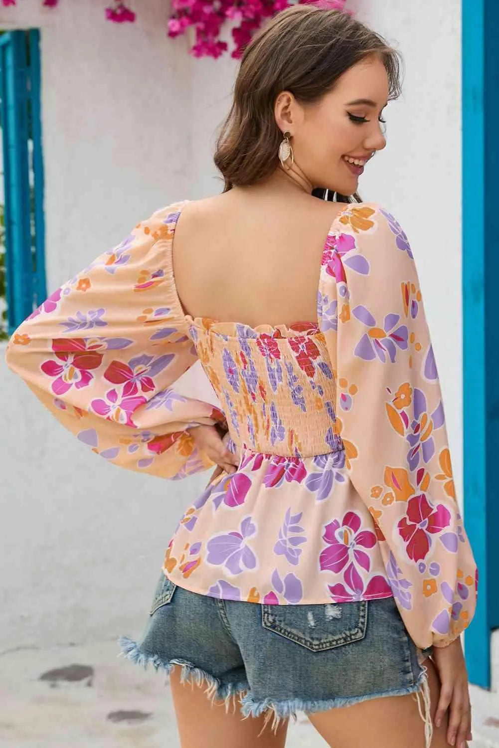 Floral Square Neck Smocked Blouse Blouses - Tophatter Daily Deals