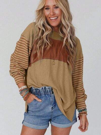 Round Neck Striped Long Sleeve Slit T-Shirt Women's T-Shirts - Tophatter Daily Deals