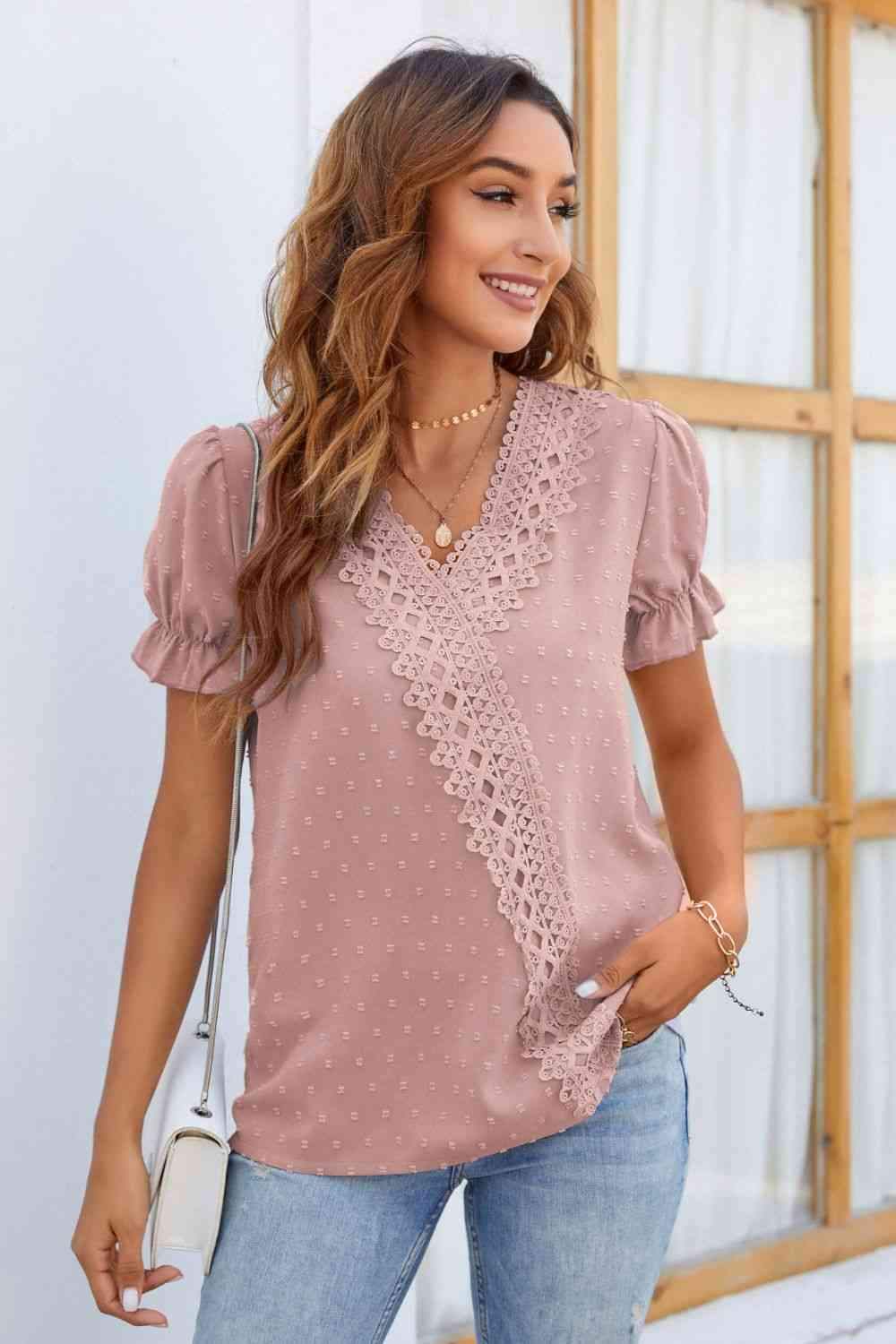 Swiss Dot Lace Trim Flounce Sleeve Blouse Blouses - Tophatter Daily Deals