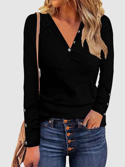 Decorative Button V-Neck Long Sleeve T-Shirt Black Women's T-Shirts - Tophatter Daily Deals