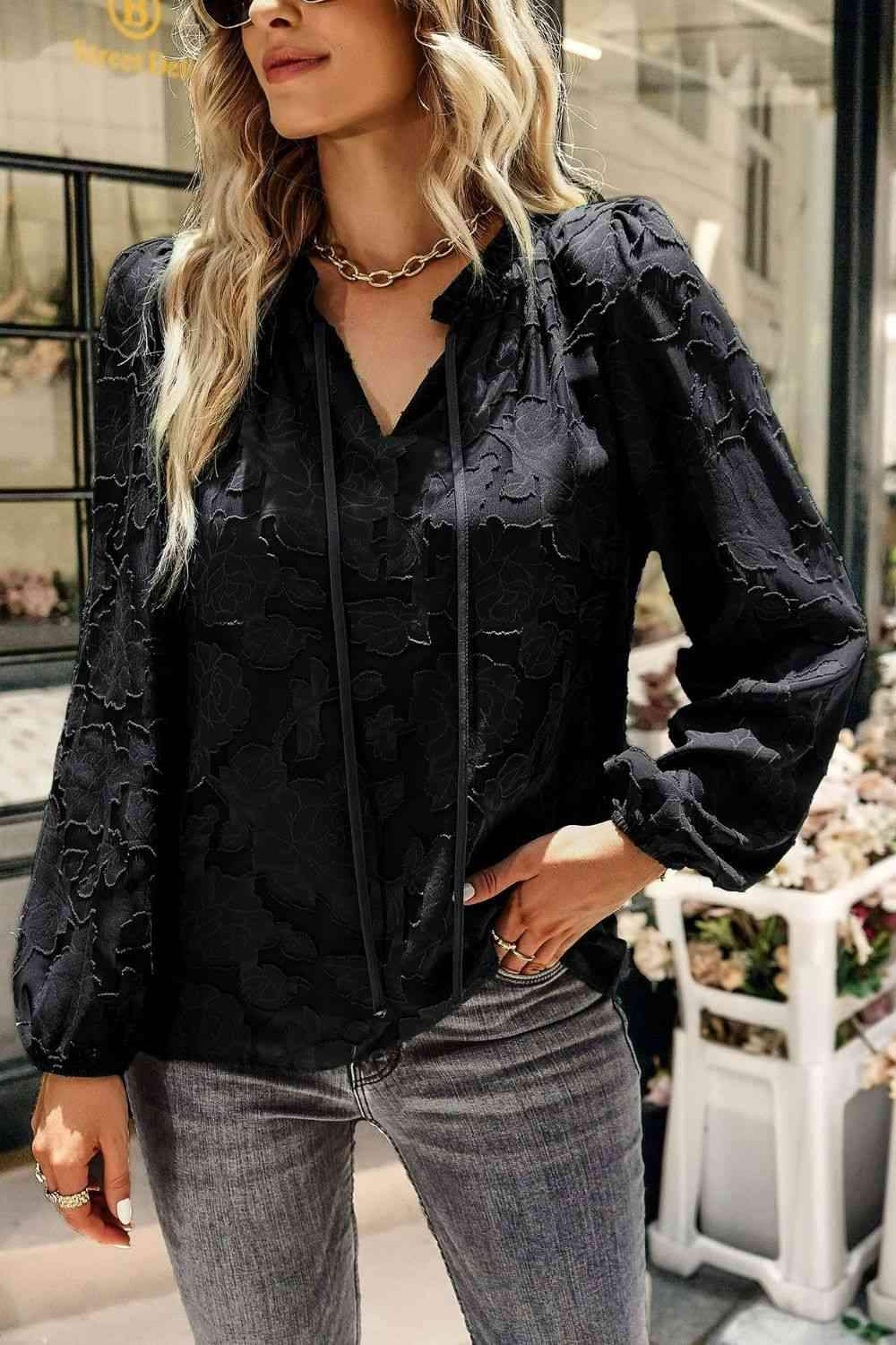 Applique Frill Trim Tie Neck Blouse Black Blouses - Tophatter Daily Deals