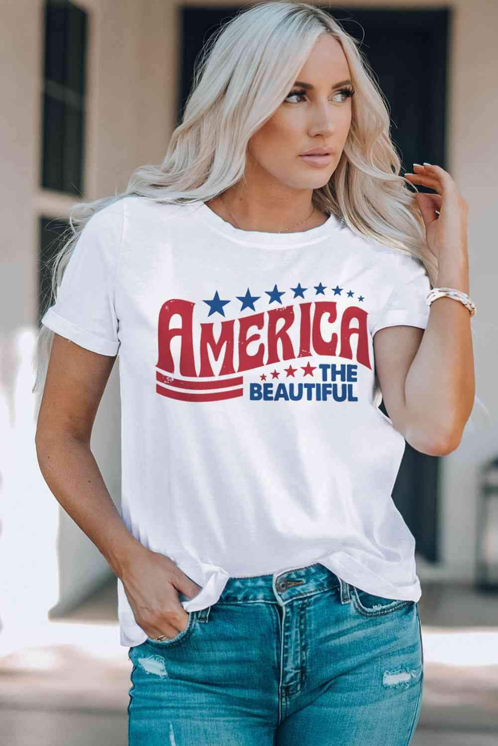 AMERICA THE BEAUTIFUL Graphic Round Neck Tee White Women's T-Shirts - Tophatter Daily Deals