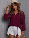 Crochet Tassel Tie Neck Long Sleeve Blouse Wine Blouses - Tophatter Daily Deals