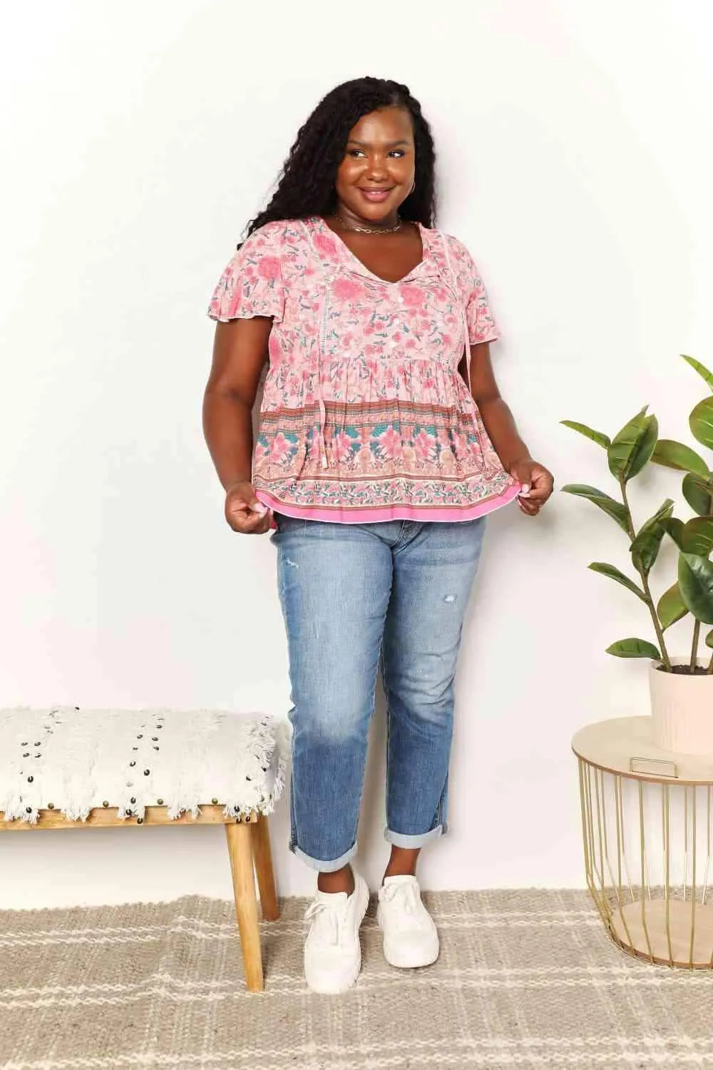 Double Take Bohemian Decorative Button Tie-Neck Peplum Blouse Blouses - Tophatter Daily Deals